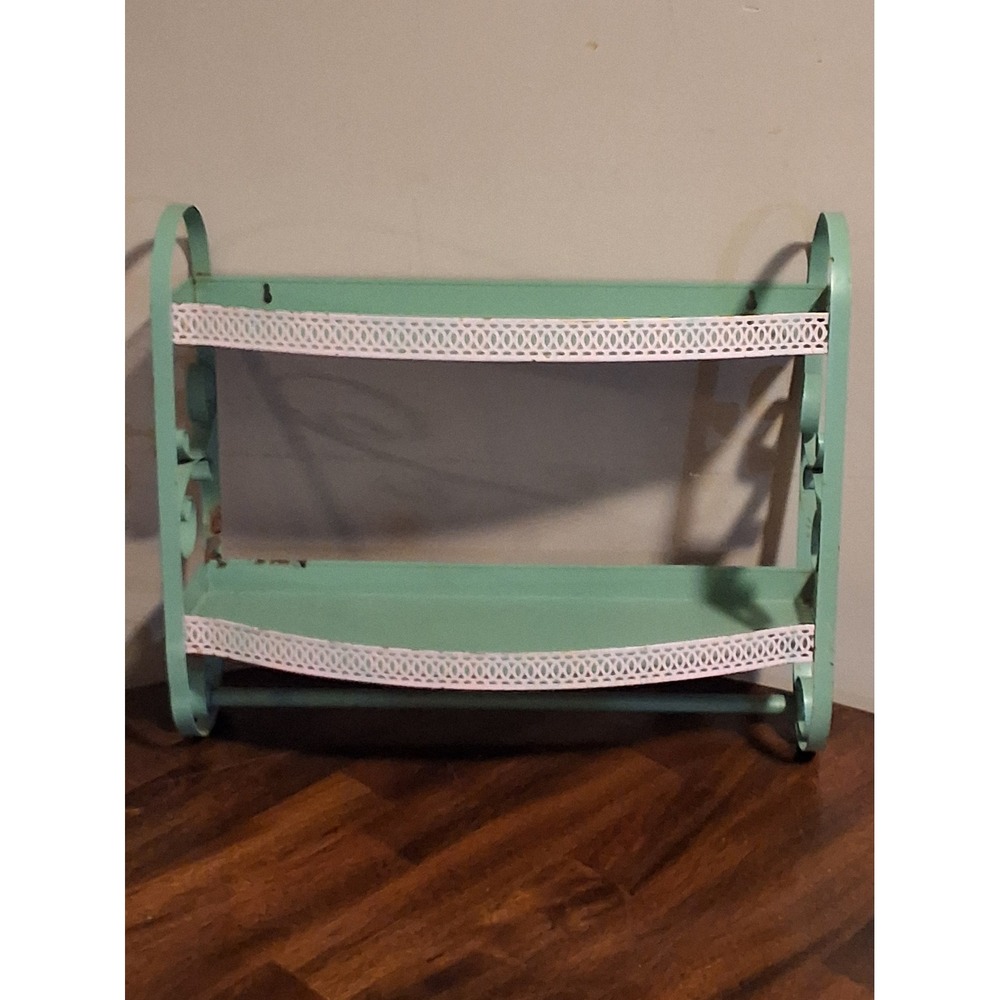 Vintage Mint Green Metal Wall Shelf 2 Tier Bathroom Organizer with Towel Bar